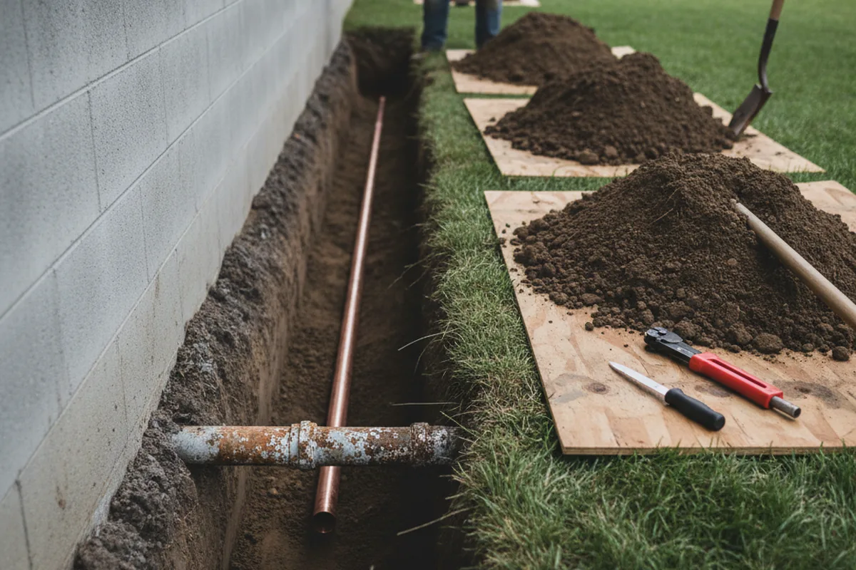 Excavated water line trench during Water Softener Installation in New Bedford